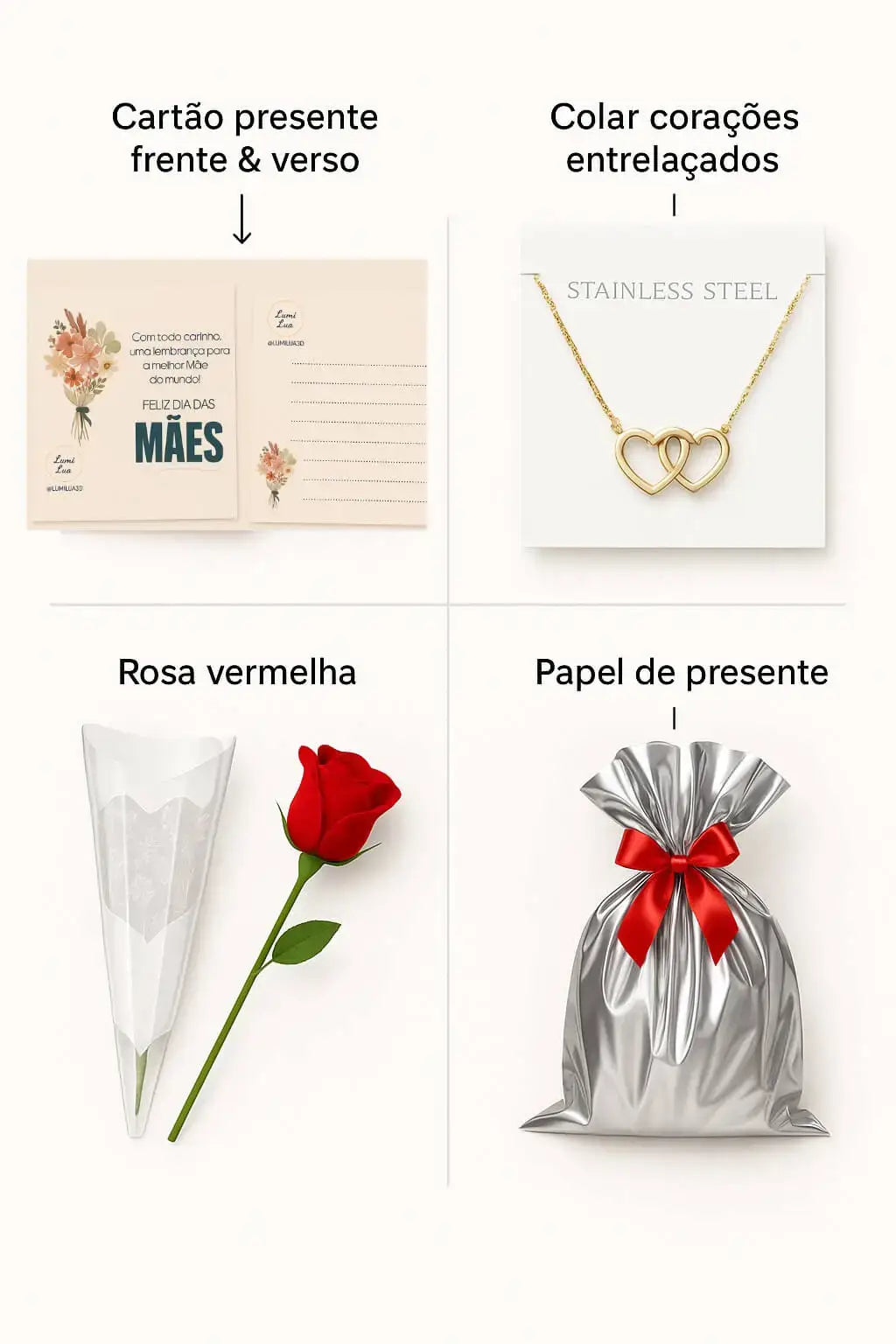 Kit Surpresa dia das Maês: Colar, Rosa, Pacote de presente e Carta para escrever a mão